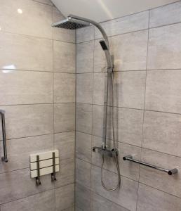 eine Dusche mit Duschkopf in einem Badezimmer in der Unterkunft Dee Valley Cottages in Llangollen