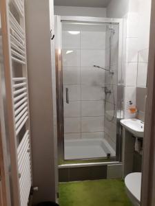 a bathroom with a shower and a toilet and a sink at Stacja Centrum in Częstochowa