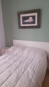 a white bed in a bedroom with a picture on the wall at Calle Cañón in Cartagena