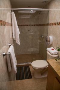 y baño con ducha, aseo y lavamanos. en Hostal Bogotá Real, en Bogotá
