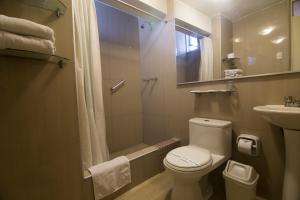 a bathroom with a toilet and a sink and a shower at Hotel Premier in Tacna