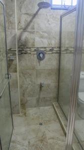 una doccia con porta in vetro in bagno di Paradise Place Apartments a Mount Irvine