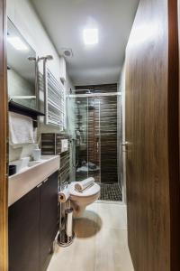 a bathroom with a shower and a toilet and a sink at Sztár Motel Étterem in Balassagyarmat