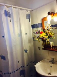 a bathroom with a sink and a shower curtain with flowers at Fanos Studios in Koufonisia