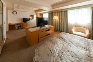 Habitación de hotel con cama y TV de pantalla plana. en Hotel Siena en Tokio
