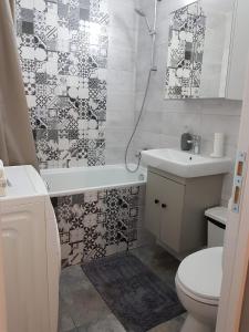 a bathroom with a sink and a toilet and a shower at D&C Studio in Bucharest