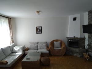 a living room with a couch and a fireplace at Вила Цветелина, Комплекс Александриa in Dobrinishte