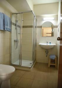a bathroom with a shower and a sink at Elysso Hotel in Larnaka