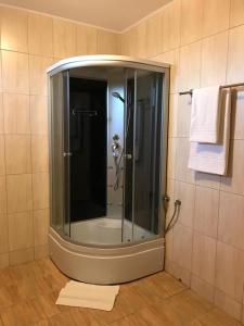 a shower with a glass door in a bathroom at Pension Hanul Andritei in Craiova