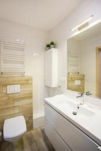 a bathroom with a sink and a toilet and a mirror at Apartamenty Świnoujście - Wyspiańskiego 34e in Świnoujście
