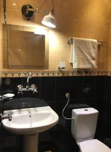 uma casa de banho com um lavatório, um WC e um espelho. em Pop Bogomil family hotel em Sófia