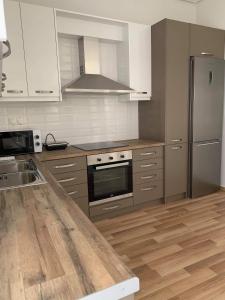 cocina con electrodomésticos de acero inoxidable y suelo de madera en HOME RESORT, en Kalamata