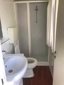 a bathroom with a white toilet and a shower at Villaggio Costa d'Argento in San Vito Chietino