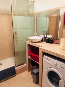 a bathroom with a sink and a washing machine at Appartement coeur du vieux Nice in Nice
