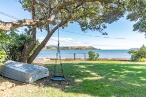a swing hanging from a tree next to the water at Brony's Beachfront-Short and Long Term Stays in Porirua