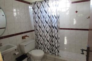 a bathroom with a toilet and a sink and a shower at Nelsons Retreat in Negril