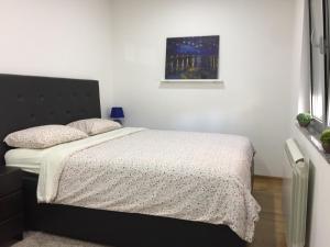 - une chambre avec un lit et une peinture murale dans l'établissement Lazic Apartment, à Belgrade