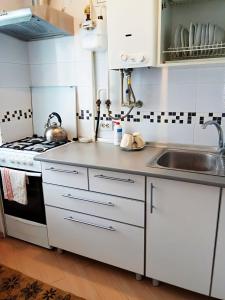 a white kitchen with a sink and a stove at Apartment Horkoho 7A in Shostka