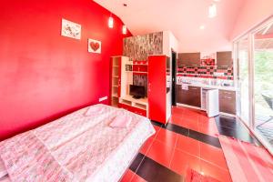 um quarto vermelho com uma cama e uma parede vermelha em VIP Red Love house for 2 em Shilagalyay