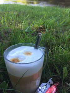 une boisson dans un verre assis dans l'herbe dans l'établissement VIP Green House of Hope for 2, à Leliūnai