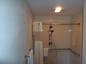 y baño con ducha y cortina de ducha. en Hitching Post Studios Inn, en Santa Cruz