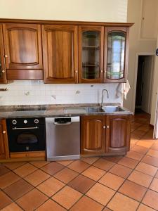 a kitchen with wooden cabinets and a sink at Palù vacanze: Cuore del centro storico in Aosta