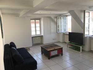 ein Wohnzimmer mit einem Sofa und einem TV in der Unterkunft Münch 10 in Kaiserslautern