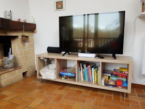 a flat screen tv on a tv stand with books at location05220 duplex 6 lits in Le Monêtier-les-Bains