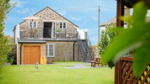 a dog walking in the grass in front of a house at Saddle and Stable Rooms in Sennen