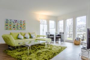 ein Wohnzimmer mit einer grünen Couch und einem grünen Teppich in der Unterkunft House Lakeside – GriwaRent AG in Lungern