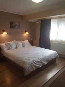 1 dormitorio con 1 cama con sábanas blancas y ventana en EFM Motel en Brezoi