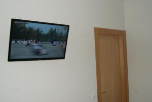 TV de pantalla plana en una pared junto a una puerta en Pensión Calfred II, en Logroño