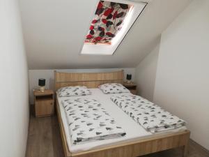 um quarto com uma cama e uma clarabóia em Apartman 25 em Sopron