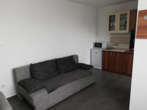 a living room with a couch and a kitchen at Apartman 25 in Sopron