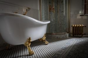 een badkamer met een bad op pootjes in een kamer bij Dandelion Apartment Vecpilsētas in Rīga +26 foto's