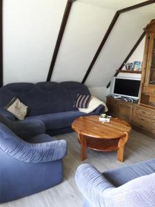 een woonkamer met een blauwe bank en een salontafel bij Ferienwohnung Küper in Getelo