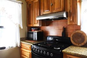 a kitchen with a black stove and a microwave at Lucina's in San Ignacio