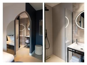 two pictures of a bathroom with a shower and a sink at Conscious Hotel Museum Square in Amsterdam