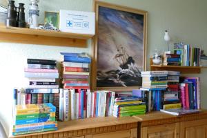 a bunch of books sitting on a wooden shelf at Ferienwohnung 1, Neuendorf - Hiddensee in Neuendorf