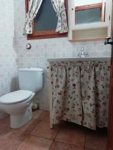 a bathroom with a toilet and a shower curtain at Cal Jardiner in Rialp