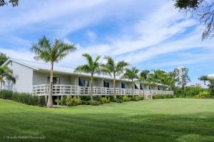 a white house with palm trees in the yard at The Rivers Edge Motel in La Belle