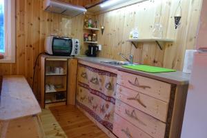 a kitchen with a sink and a counter top at Wild Caribou's Wildwood Cabin in Lakselv