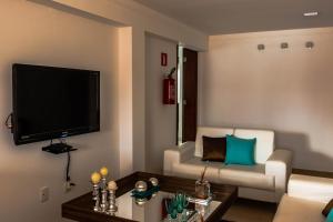 a living room with a flat screen tv and a couch at Pousada São Francisco in São João Batista do Glória