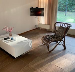 a living room with a coffee table and a chair at Vakantie huisjes Duinrand Drunen in Drunen