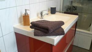a bathroom sink with a brown towel on it at Wunderschöne Wohnungen im Zentrum von Herzogenaurach in Herzogenaurach +23 photos