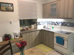 a kitchen with wooden cabinets and a vase of flowers at Odyssey Apartment in Palaiochora