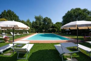a swimming pool with lawn chairs and umbrellas at Villa Borgo San Pietro in Cortona