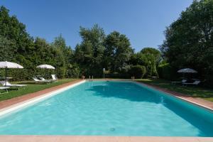 a large blue swimming pool with chairs and umbrellas at Villa Borgo San Pietro in Cortona