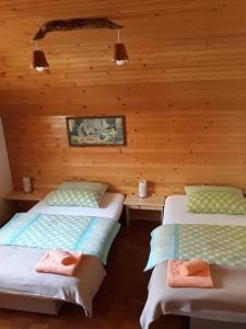 two beds in a room with wooden walls at Apartma pod Rožco in Jesenice