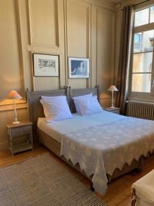 a bedroom with a large bed with two tables and two lamps at L'Annexe Apparthôtel du 11 A, 4 étoiles in Besançon